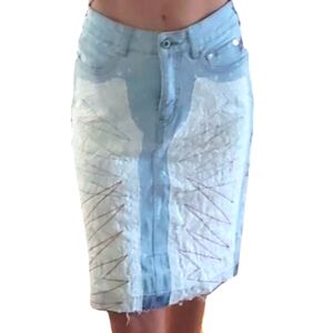 Parasuco Denim Jean Pencil Skirt Embroidered Distressed RARE SAMPLE